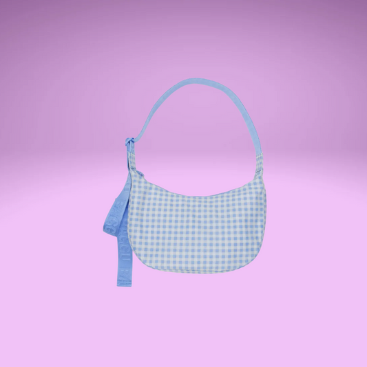 Light Blue Gingham Medium Nylon Crescent Bag