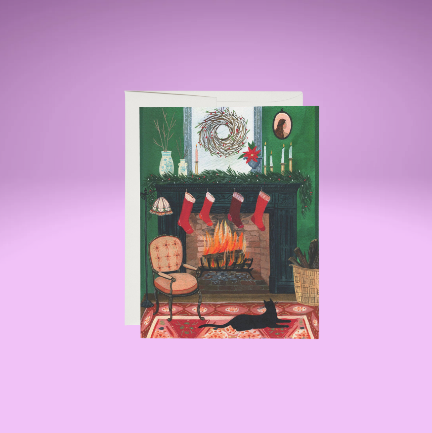 Christmas by the Fireplace holiday greeting card